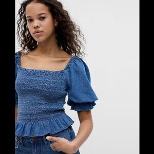 Gap Denim Blue Smocked Blouse Peplum Puff Sleeve Size Small